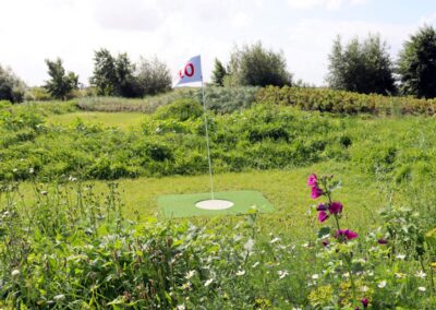 Fahne auf Fußballgolf-Loch im Sportpark Tating bei SPO